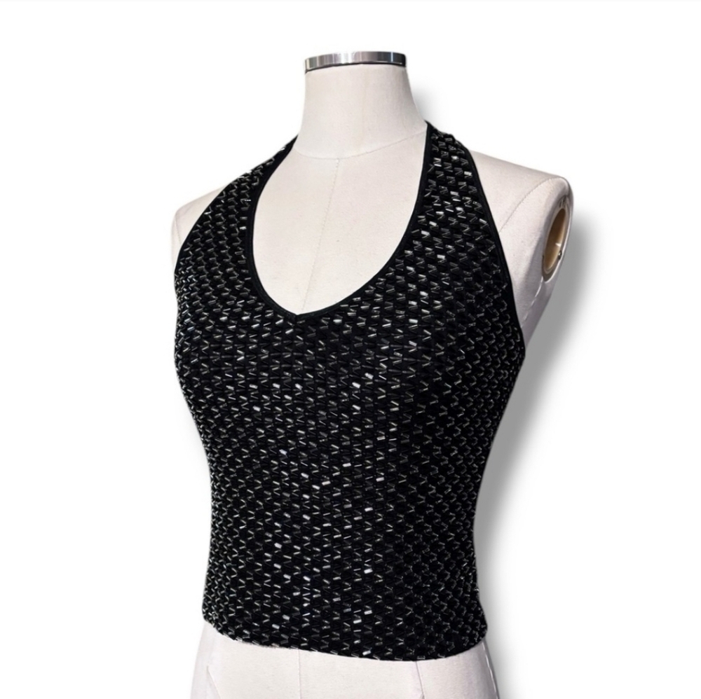 CACHÉ Black Beaded Cropped Halter VINTAGE